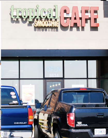 Over the past few months, Liberty has inroduced
multiple new drink places. Overflow Coffee (left)
Scooters (middle) and Tropical Smoothie Cafe
(right).“Tropical smoothie cafe is great. I get free
drinks for a year,” senior Cate Hamilton said. Photos
by Tyler Hollinberger